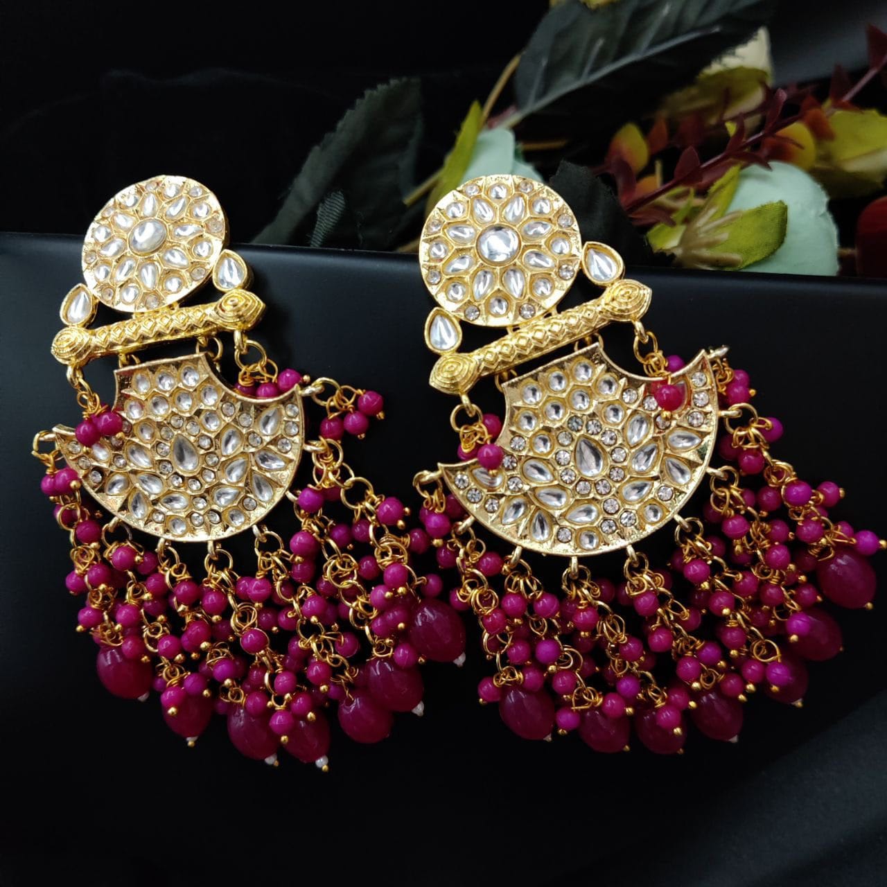 Traditional gold plated Meenakari Chandbali Earrings with Kundan Work
