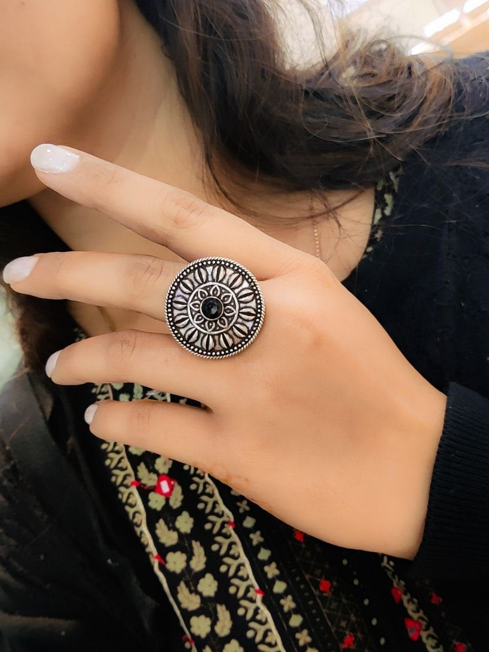 Antique Silver Plated Round Oxidised Stone Work Rings