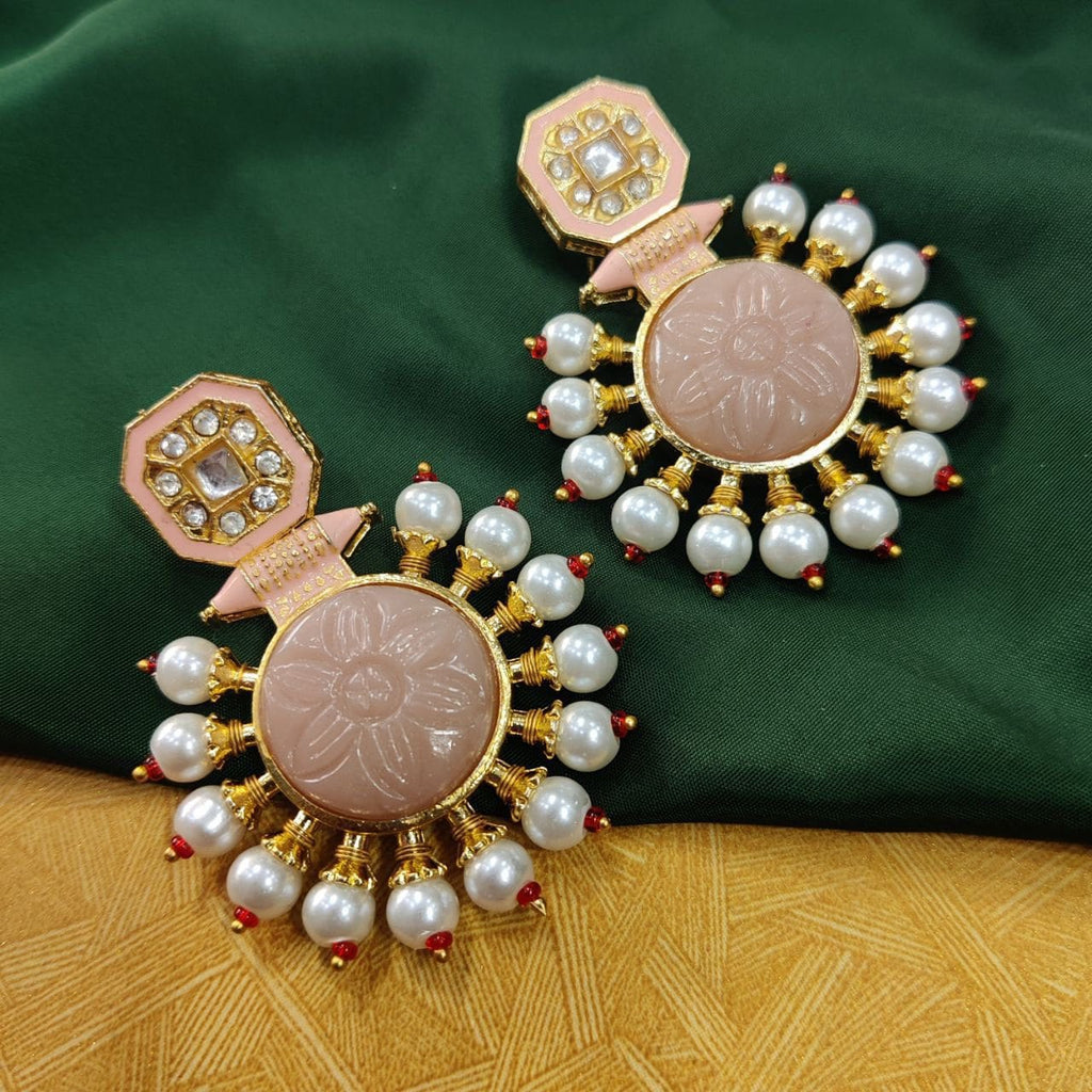 Glass Carving Stone Quality Gold Plated Kundan Meenakari Stud Earrings with Pearl Work