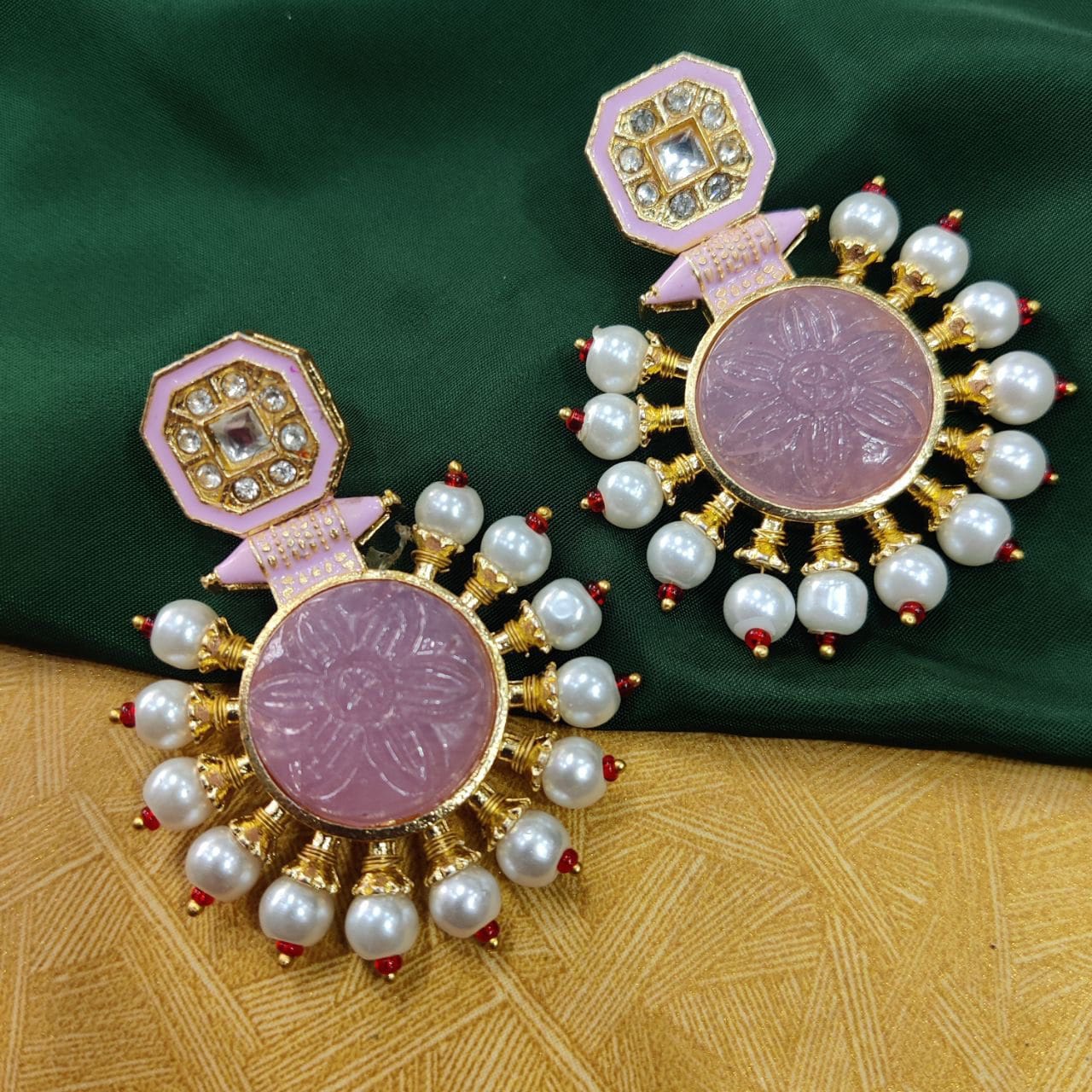 Glass Carving Stone Quality Gold Plated Kundan Meenakari Stud Earrings with Pearl Work