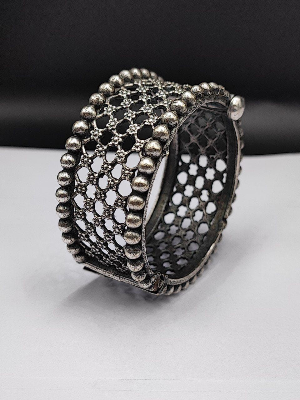 Traditional Antique Silver Bangle | Oxidised Indian Style Free Size Cuff Bracelet