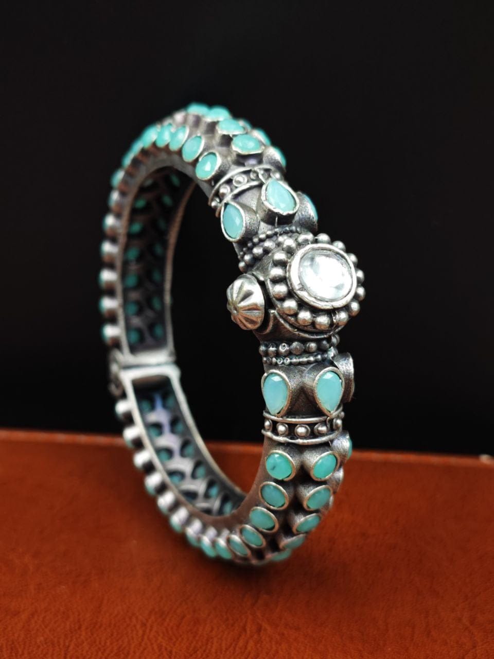 Stone Work Oxidised Silver Replica Bangles | Free Size Openable Bracelet