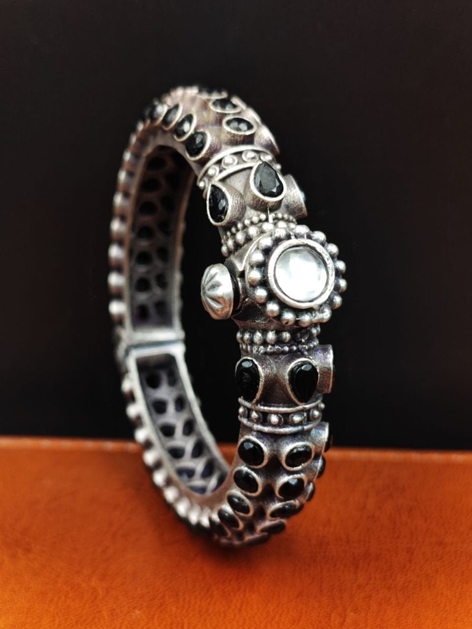 Stone Work Oxidised Silver Replica Bangles | Free Size Openable Bracelet