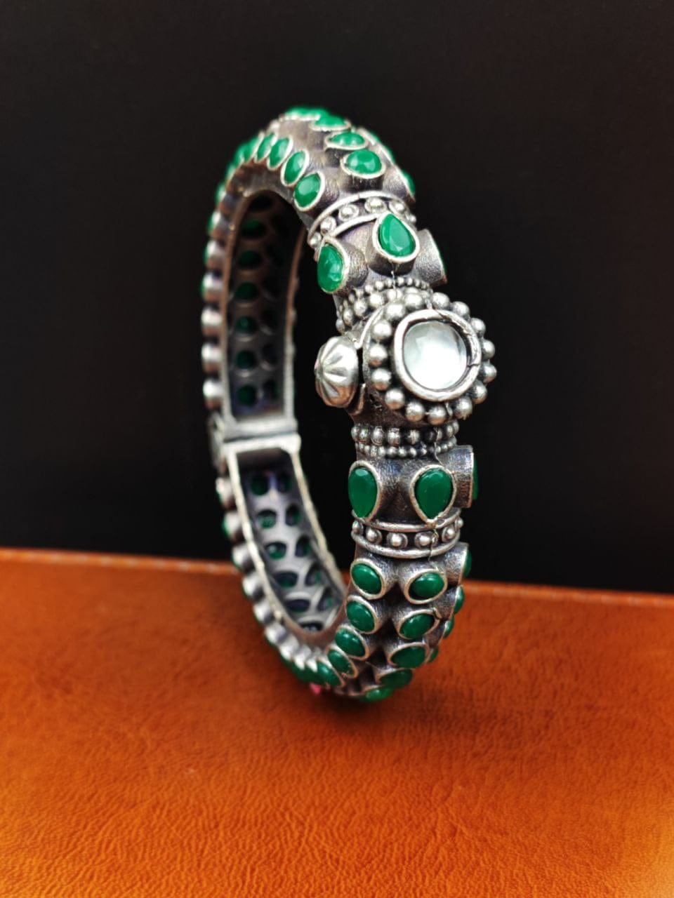 Stone Work Oxidised Silver Replica Bangles | Free Size Openable Bracelet