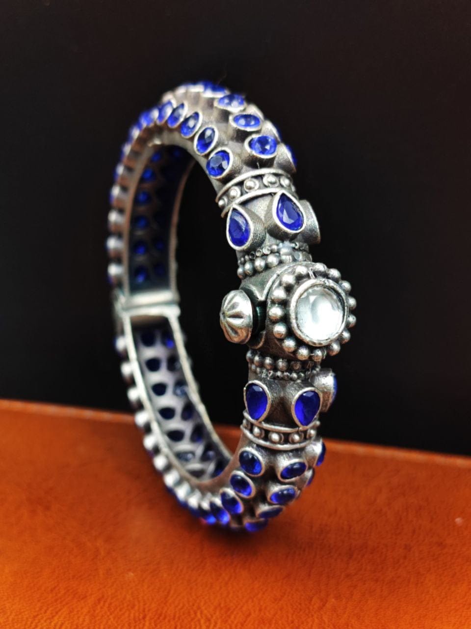 Stone Work Oxidised Silver Replica Bangles | Free Size Openable Bracelet