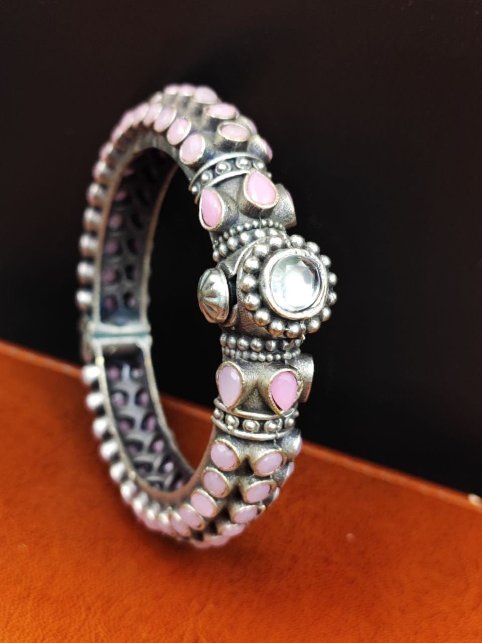 Stone Work Oxidised Silver Replica Bangles | Free Size Openable Bracelet