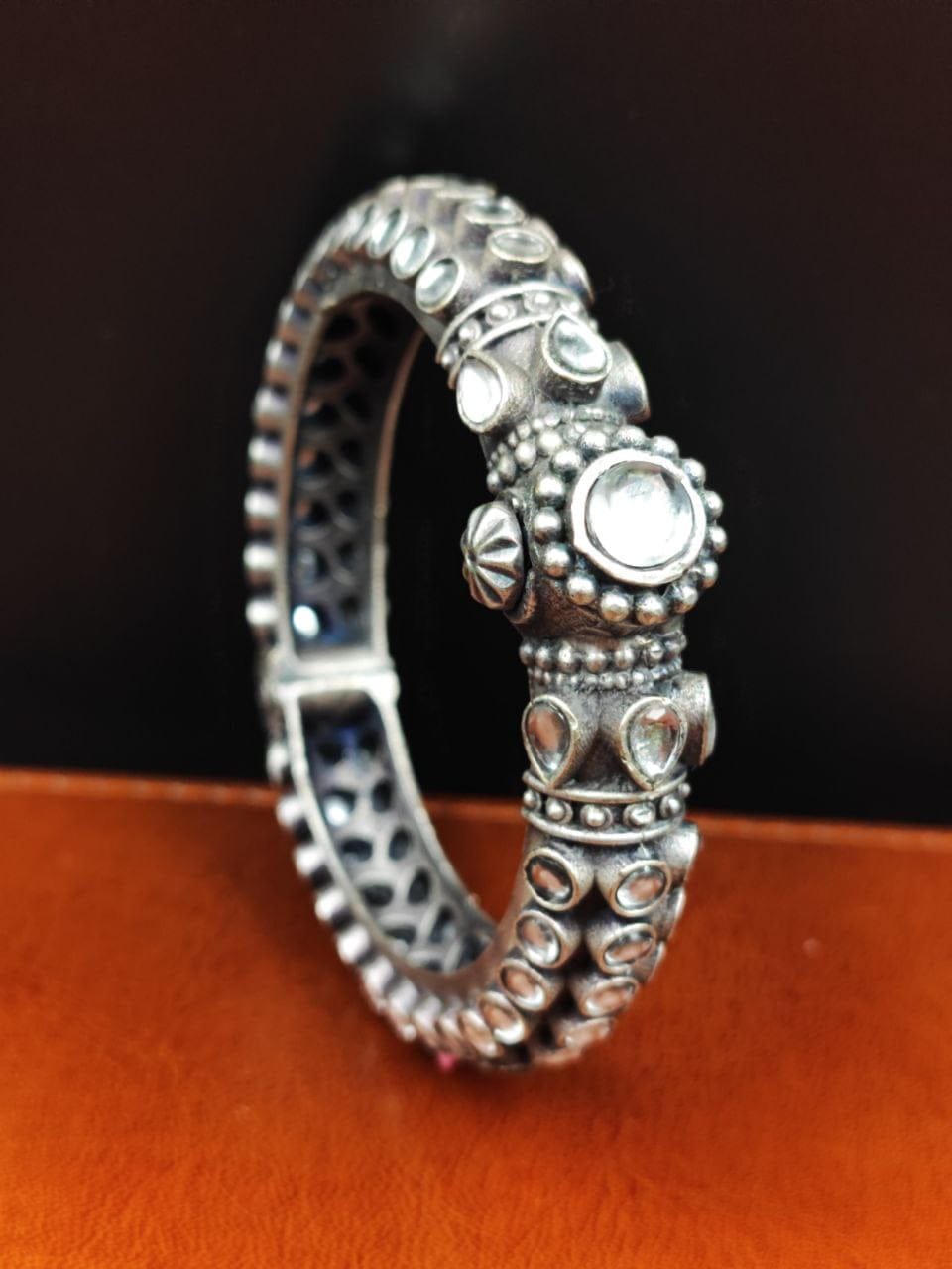 Stone Work Oxidised Silver Replica Bangles | Free Size Openable Bracelet