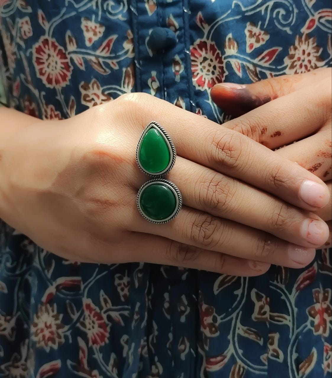 Silver Replica Ring – Oxidised Monalisa Stone Free Size Rings