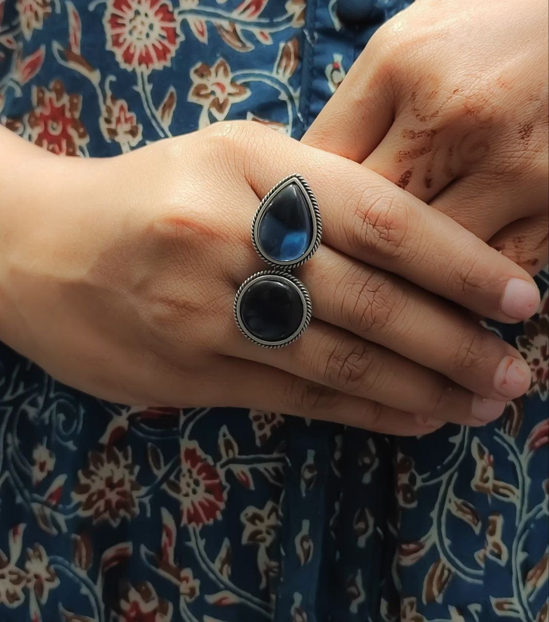 Silver Replica Ring – Oxidised Monalisa Stone Free Size Rings
