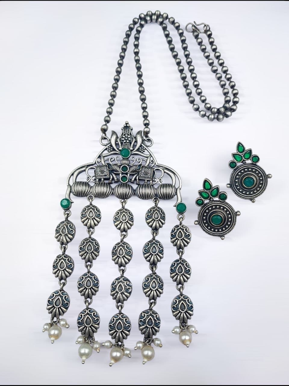 Oxidized Elephant Necklace Set | Unique Long Dangler Silver Touch Jewelry