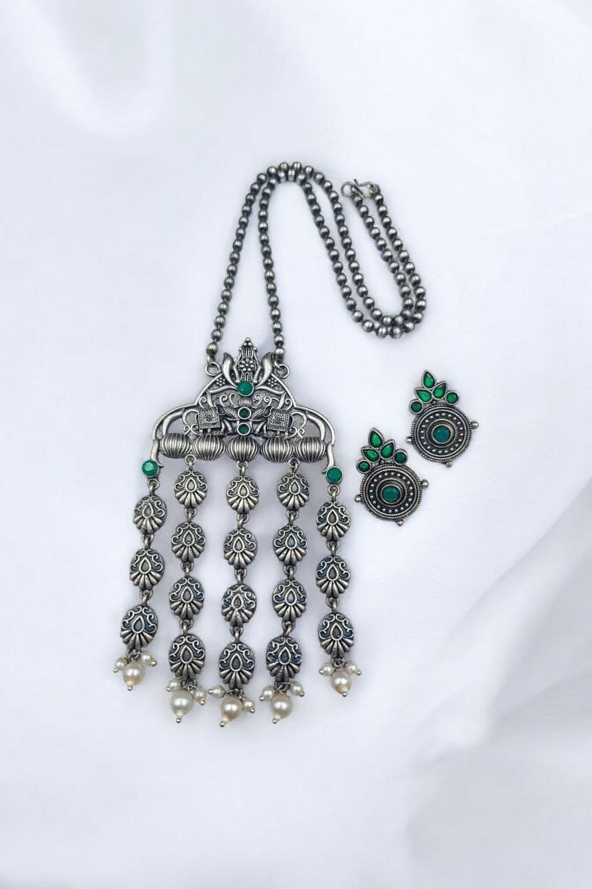 Oxidized Elephant Necklace Set | Unique Long Dangler Silver Touch Jewelry