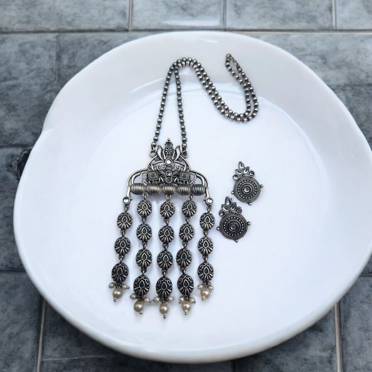 Oxidized Elephant Necklace Set | Unique Long Dangler Silver Touch Jewelry
