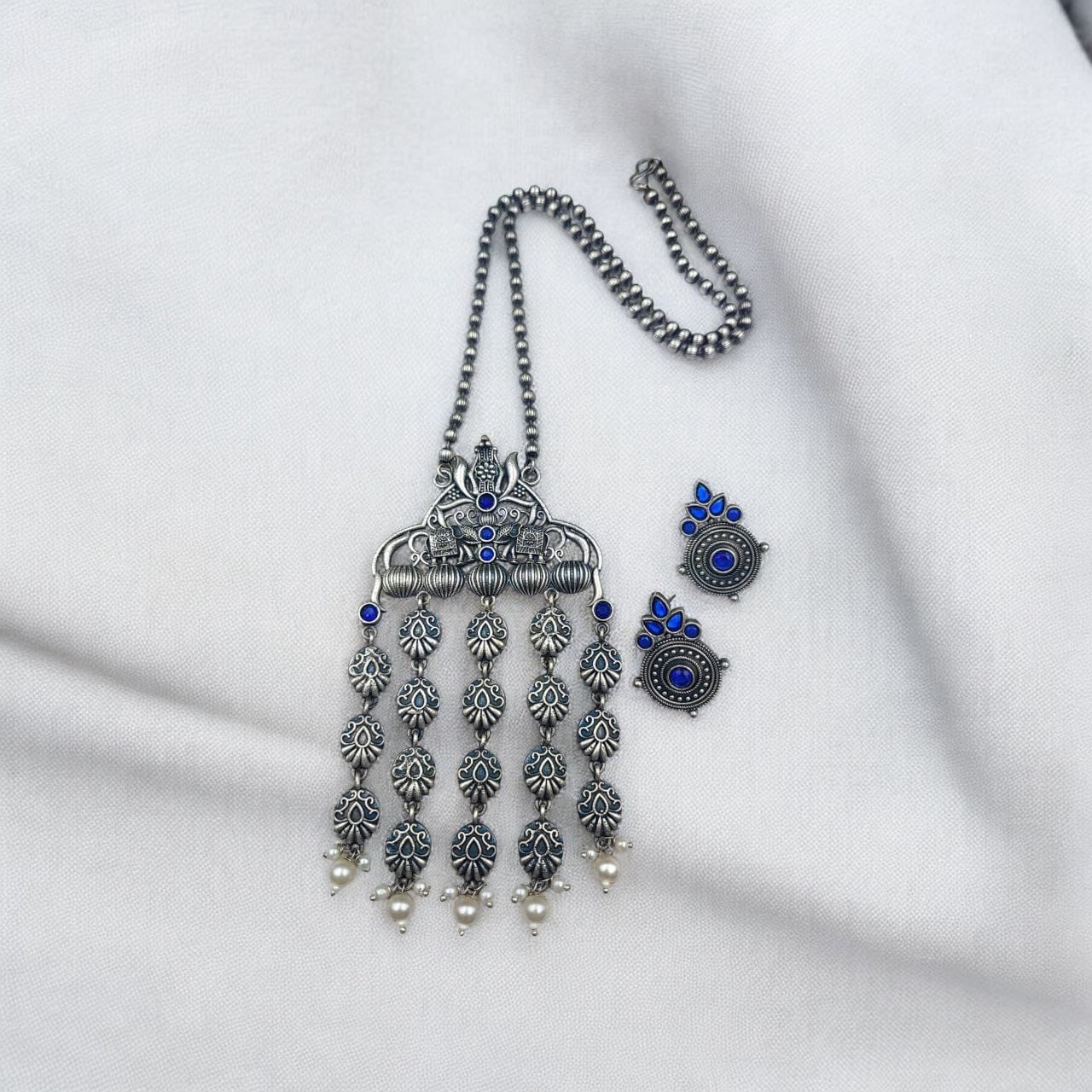 Oxidized Elephant Necklace Set | Unique Long Dangler Silver Touch Jewelry