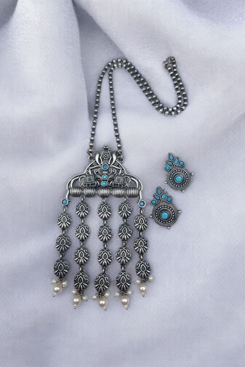 Oxidized Elephant Necklace Set | Unique Long Dangler Silver Touch Jewelry