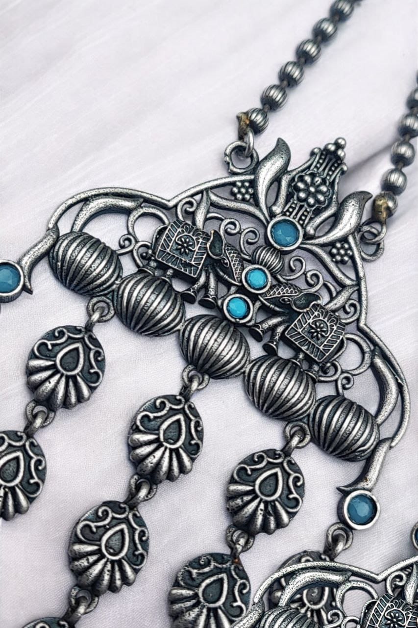 Oxidized Elephant Necklace Set | Unique Long Dangler Silver Touch Jewelry
