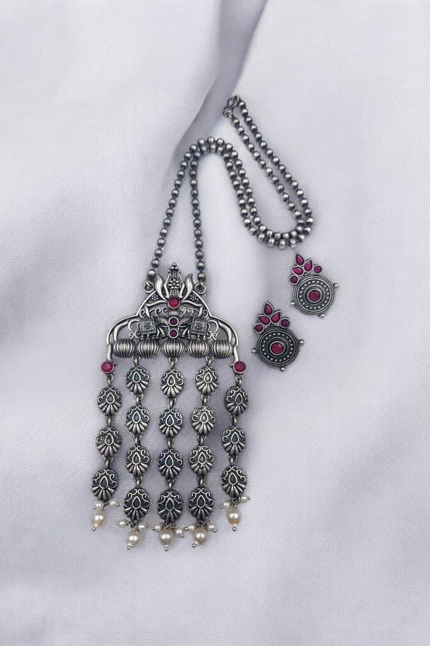 Oxidized Elephant Necklace Set | Unique Long Dangler Silver Touch Jewelry