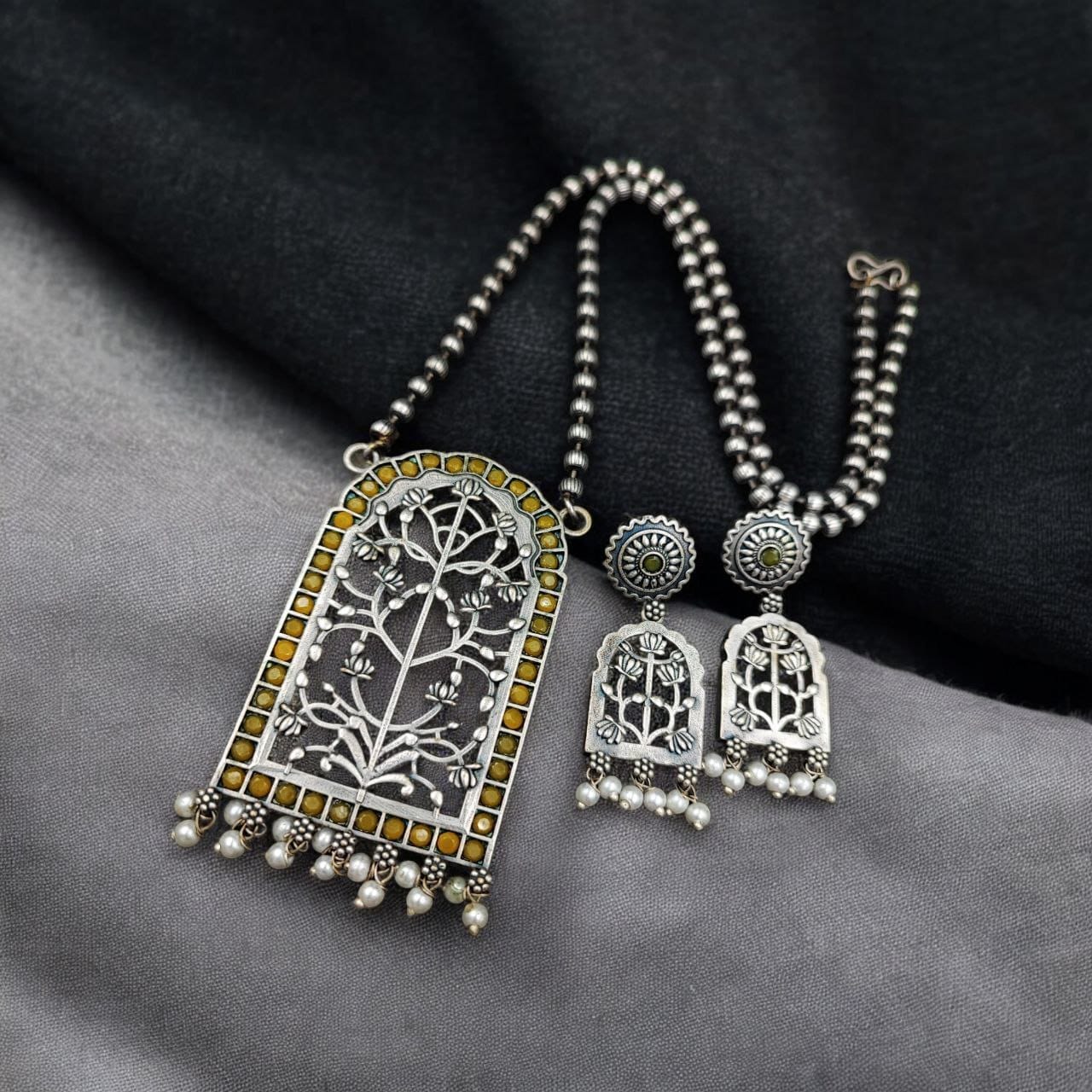 Antique Floral Art Pendant Set | Silver Replica Necklace With Matching Earrings