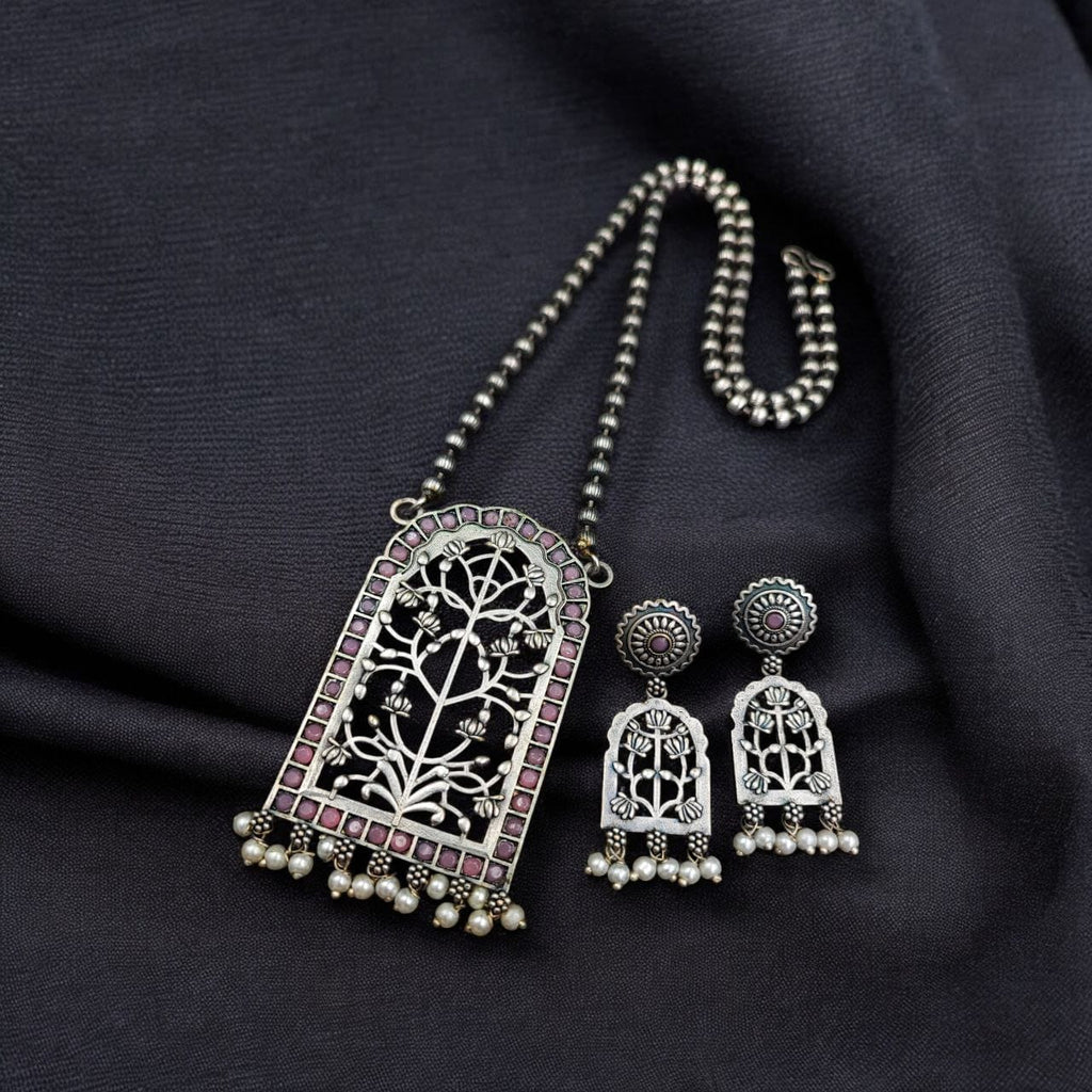 Antique Floral Art Pendant Set | Silver Replica Necklace With Matching Earrings