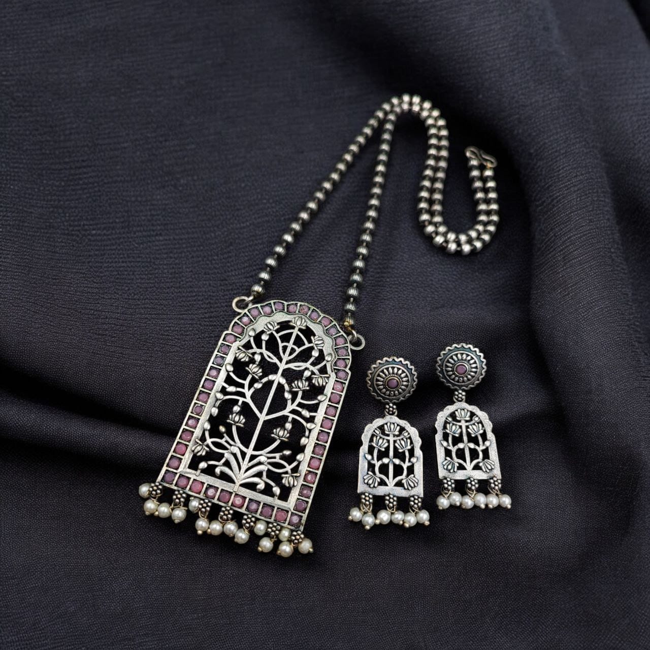 Antique Floral Art Pendant Set | Silver Replica Necklace With Matching Earrings
