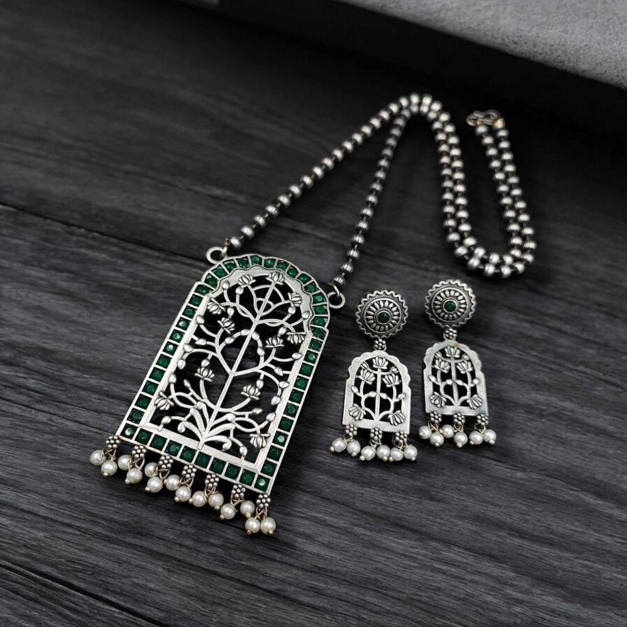 Antique Floral Art Pendant Set | Silver Replica Necklace With Matching Earrings