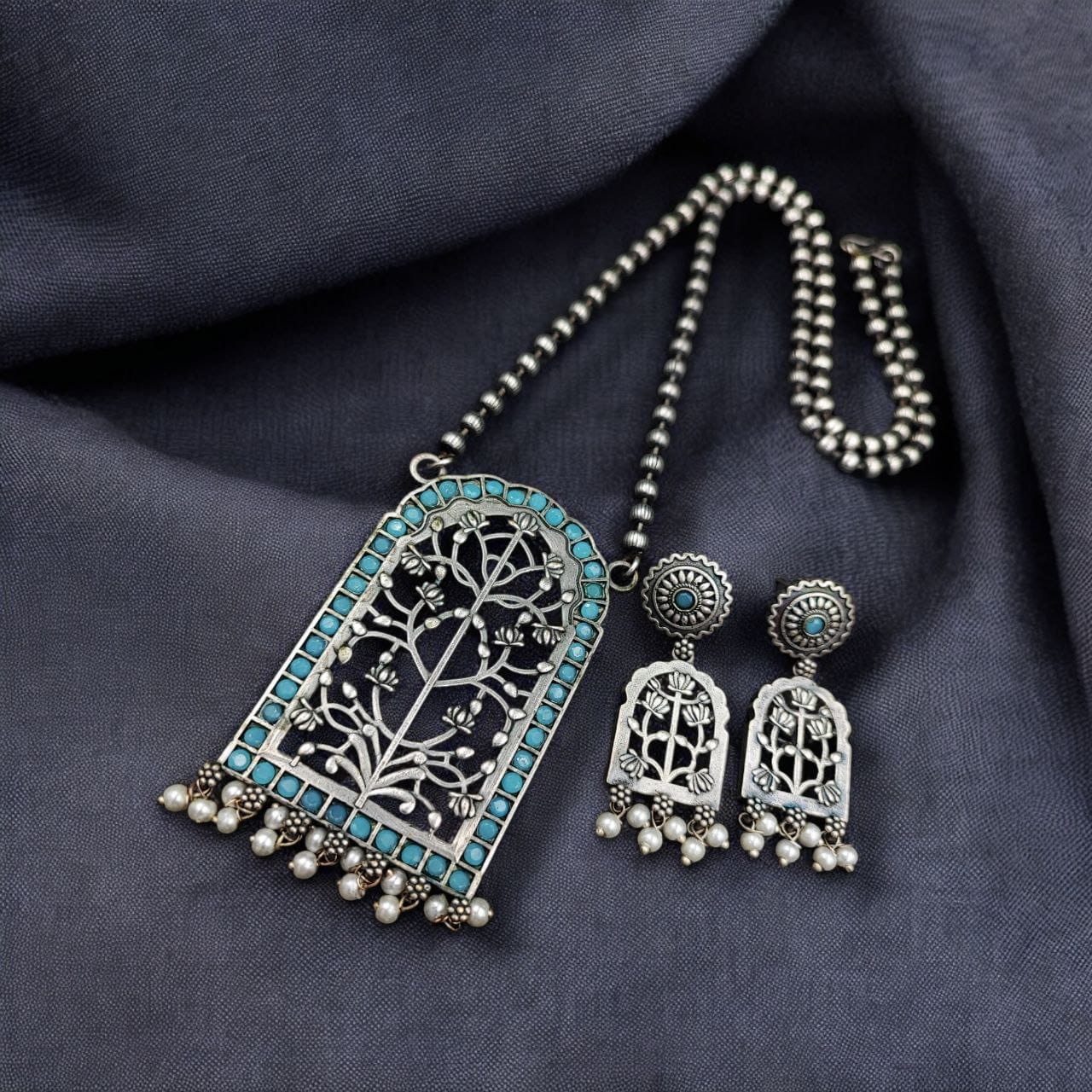 Antique Floral Art Pendant Set | Silver Replica Necklace With Matching Earrings