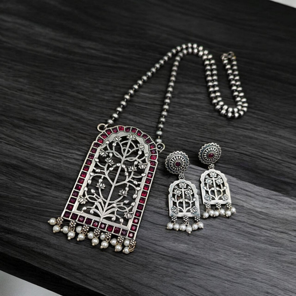 Antique Floral Art Pendant Set | Silver Replica Necklace With Matching Earrings