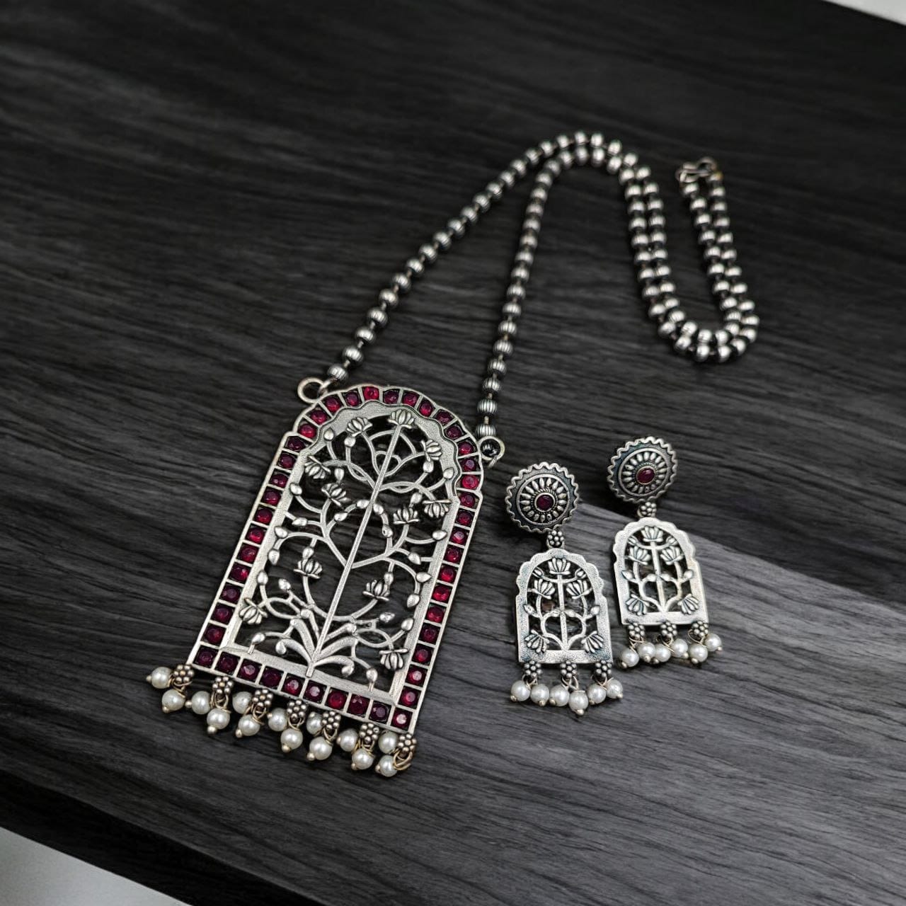 Antique Floral Art Pendant Set | Silver Replica Necklace With Matching Earrings