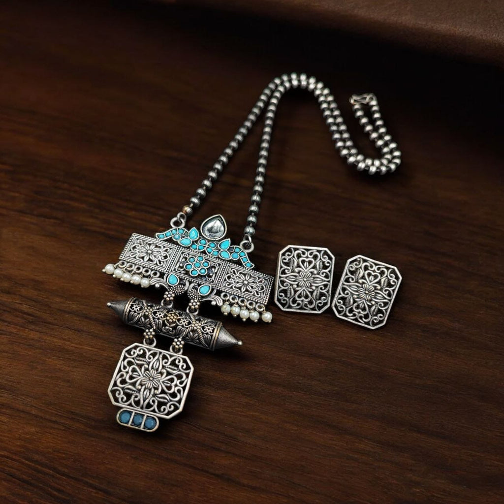 Silver Look Necklace Set | Premium Unique Oxidized Pendant With Earrings
