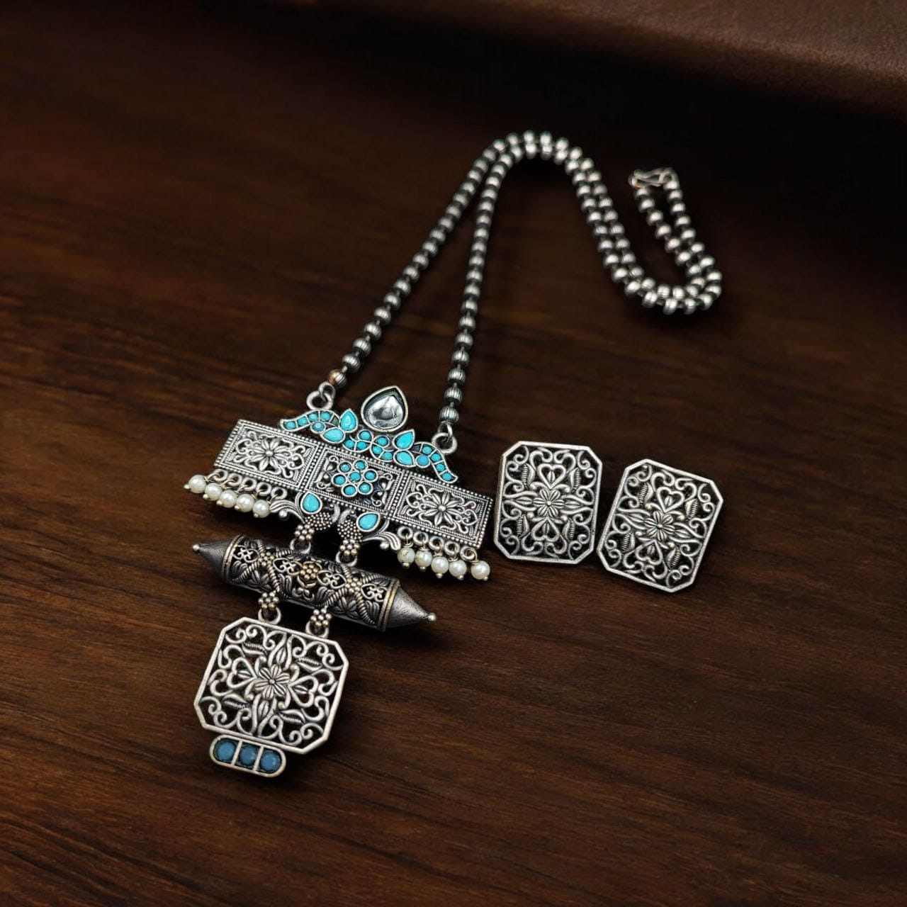 Silver Look Necklace Set | Premium Unique Oxidized Pendant With Earrings