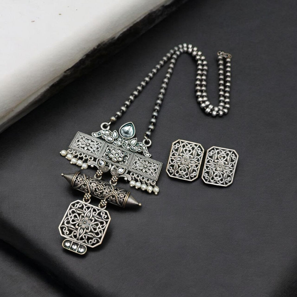 Silver Look Necklace Set | Premium Unique Oxidized Pendant With Earrings