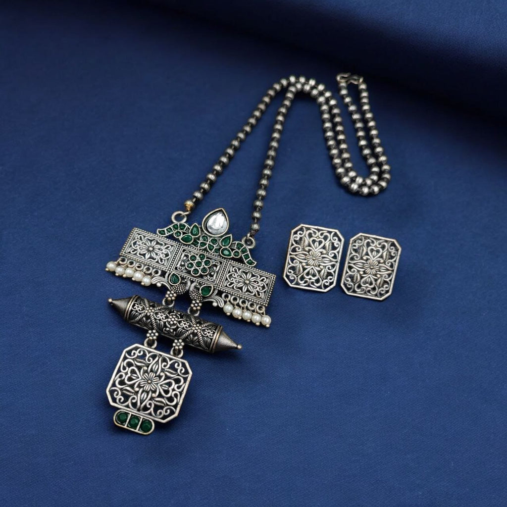 Silver Look Necklace Set | Premium Unique Oxidized Pendant With Earrings
