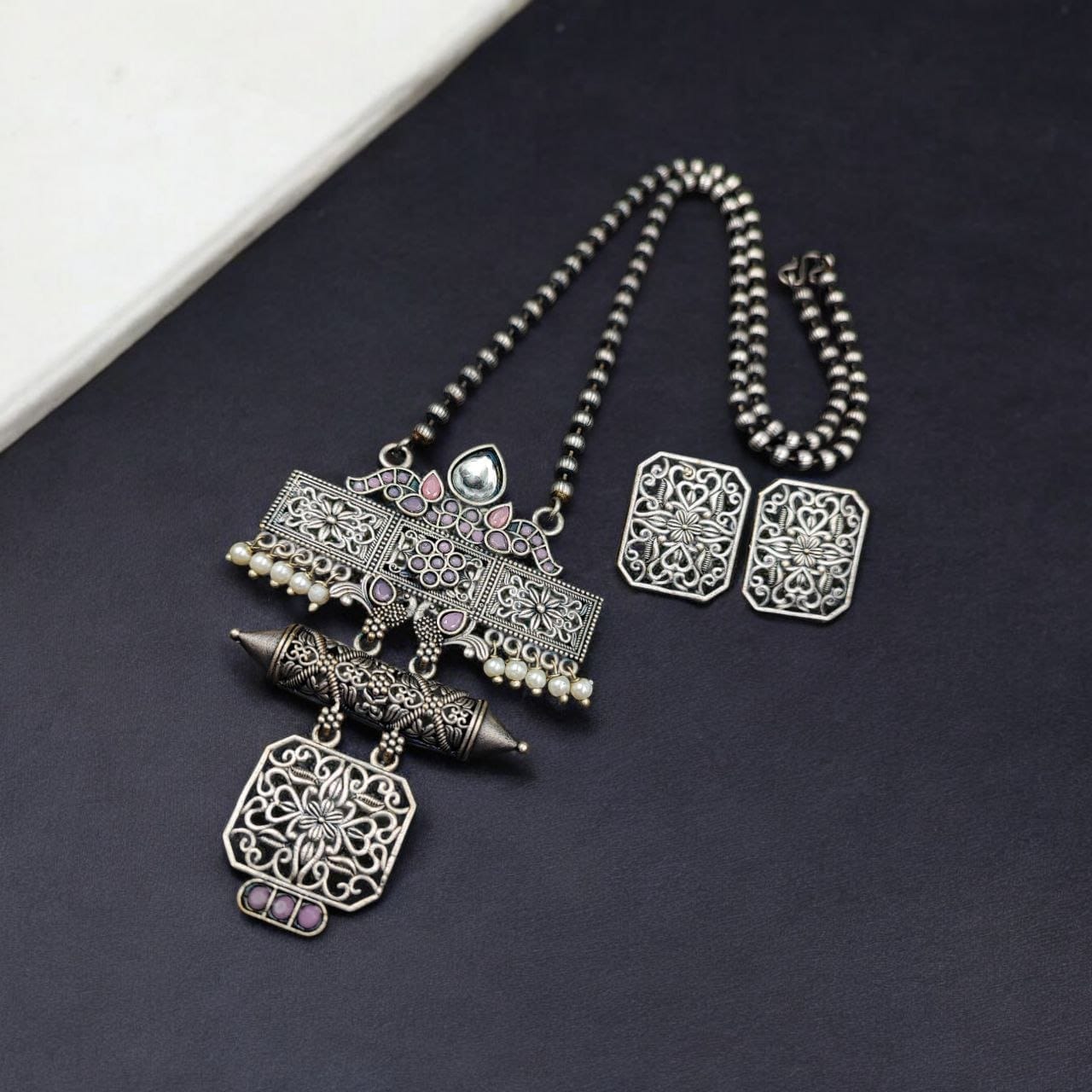 Silver Look Necklace Set | Premium Unique Oxidized Pendant With Earrings