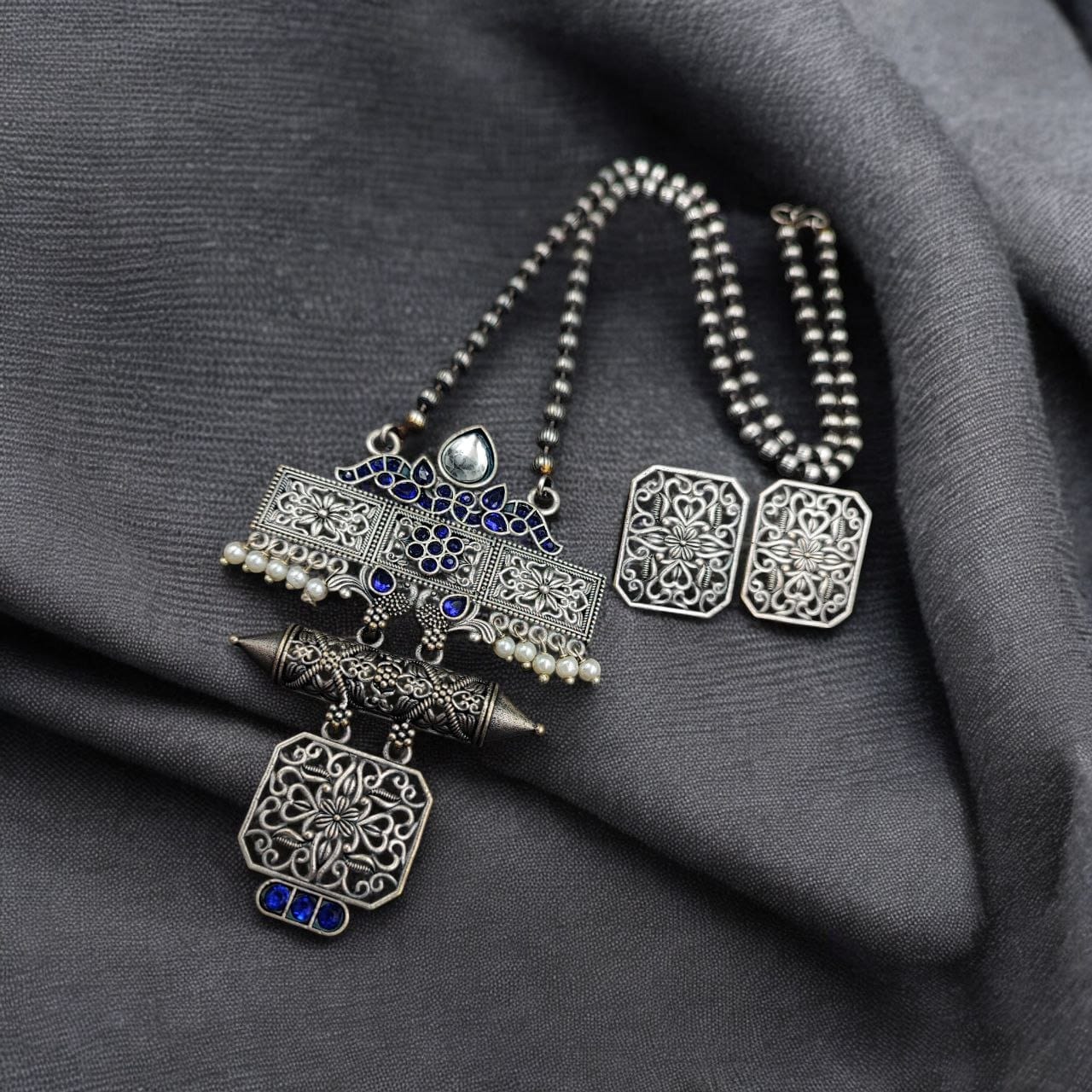Silver Look Necklace Set | Premium Unique Oxidized Pendant With Earrings