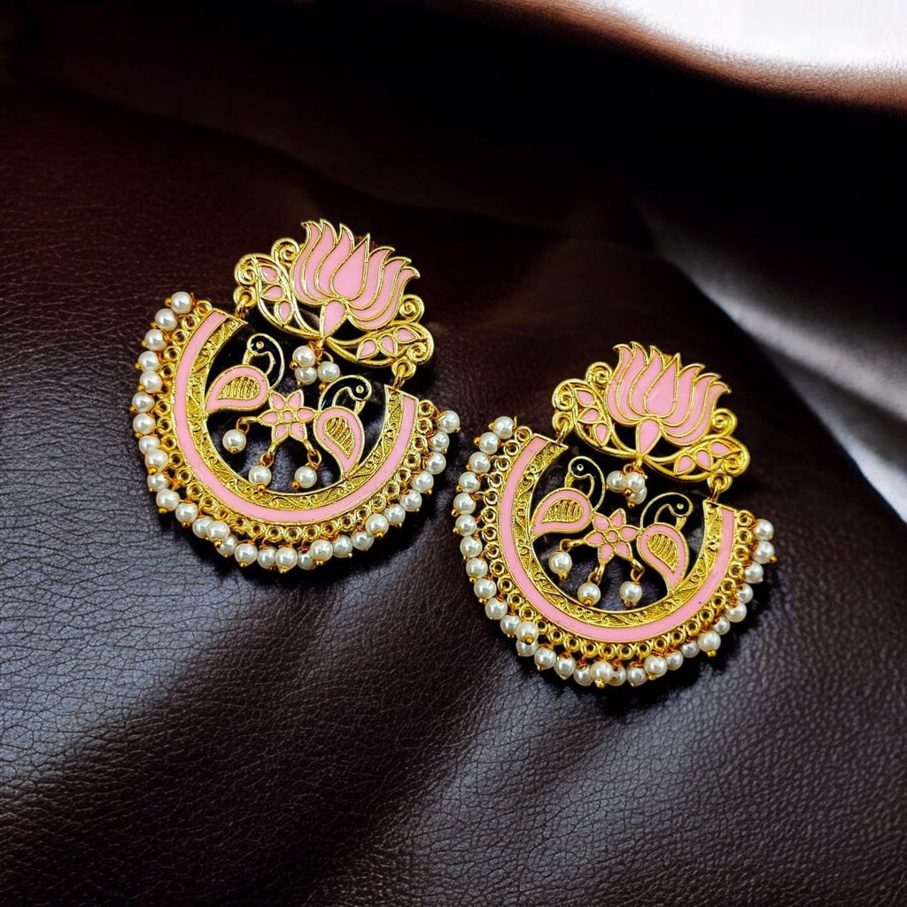 Elegant Gold Plated Earrings with Meenakari: Contemporary Lotus and Peacock Design
