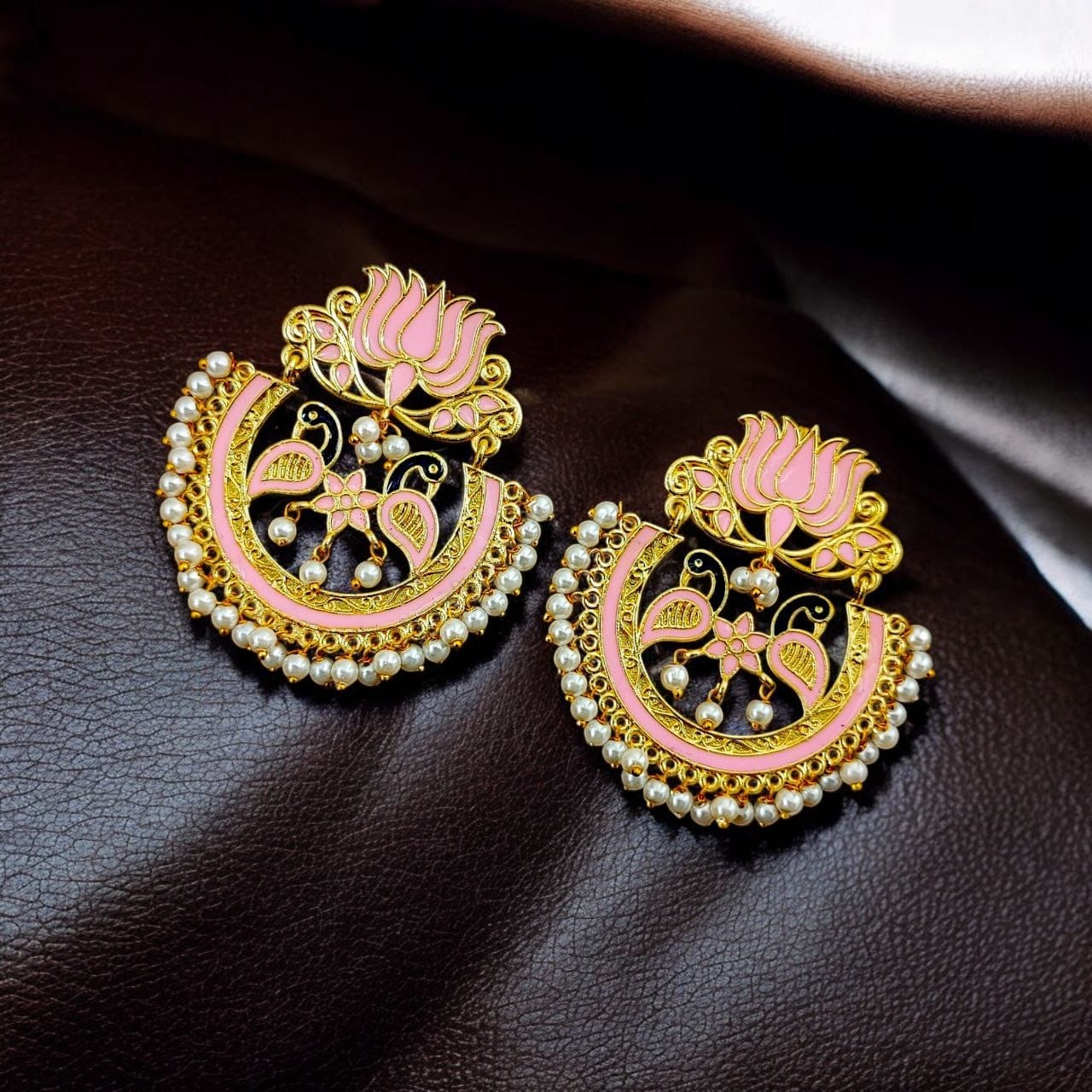 Elegant Gold Plated Earrings with Meenakari: Contemporary Lotus and Peacock Design