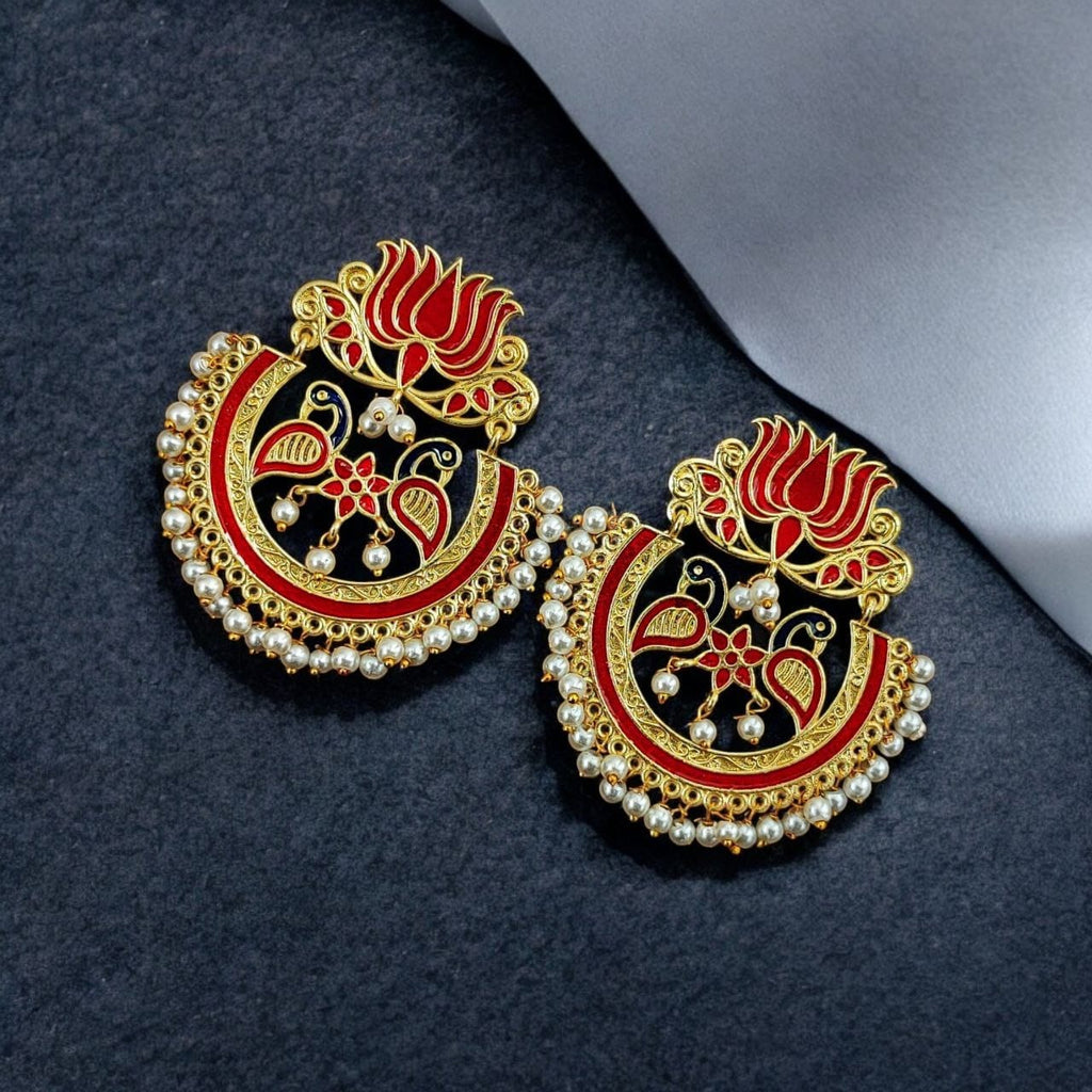 Elegant Gold Plated Earrings with Meenakari: Contemporary Lotus and Peacock Design