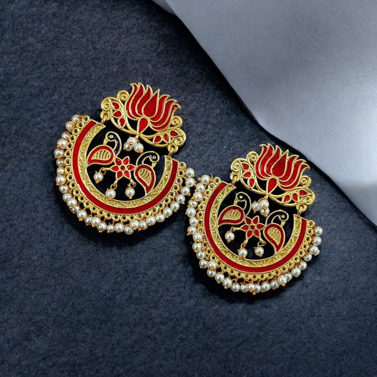 Elegant Gold Plated Earrings with Meenakari: Contemporary Lotus and Peacock Design