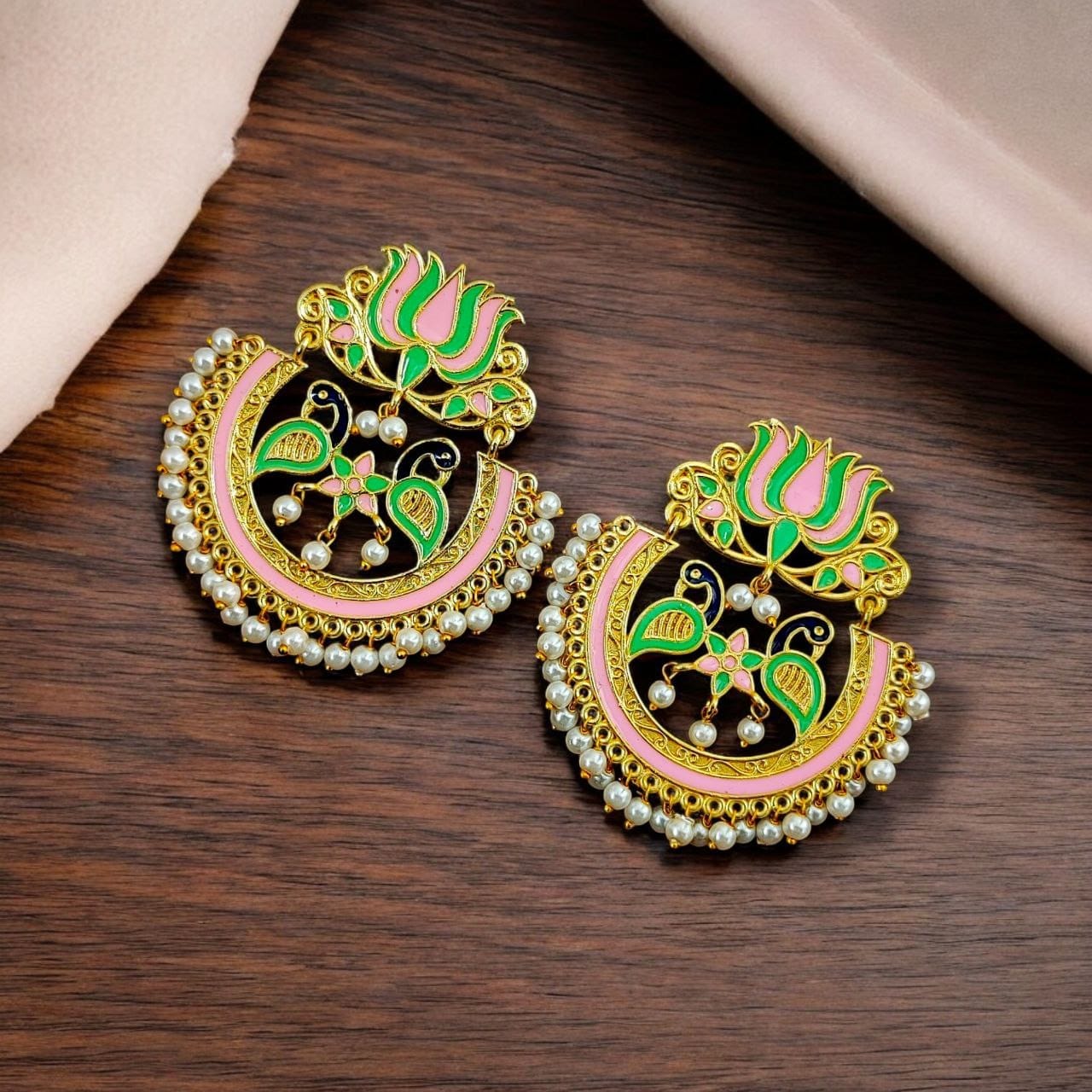 Elegant Gold Plated Earrings with Meenakari: Contemporary Lotus and Peacock Design