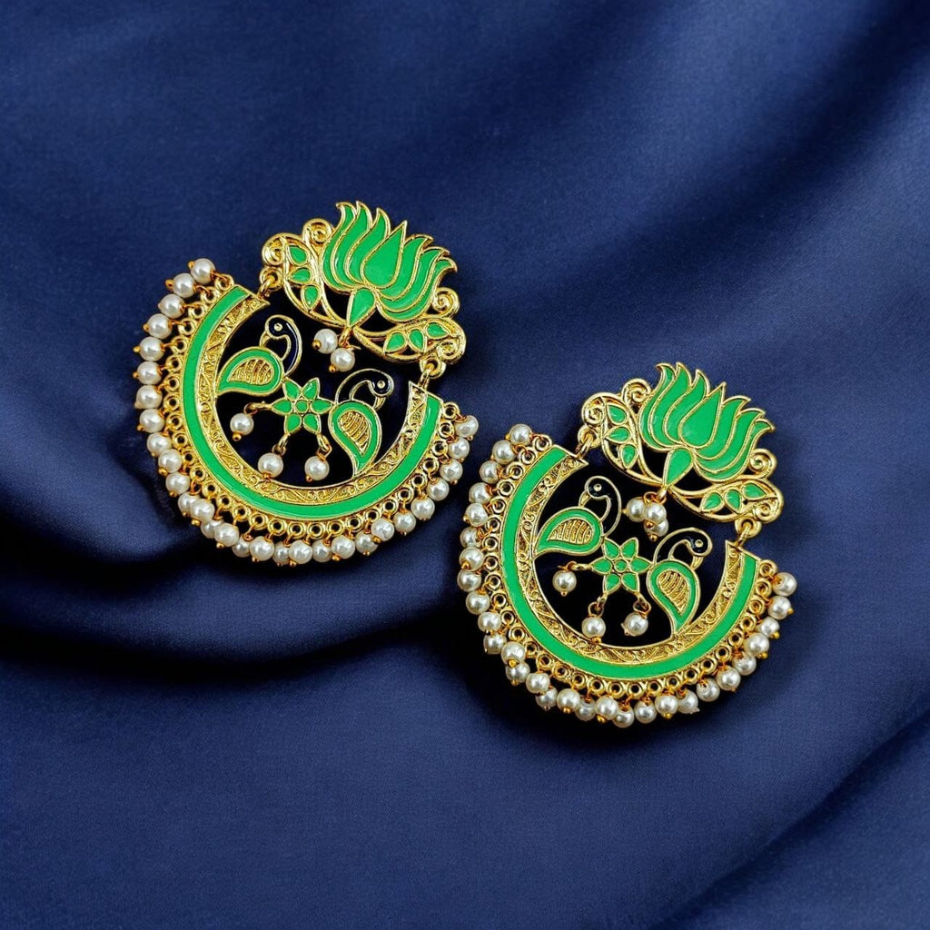 Elegant Gold Plated Earrings with Meenakari: Contemporary Lotus and Peacock Design