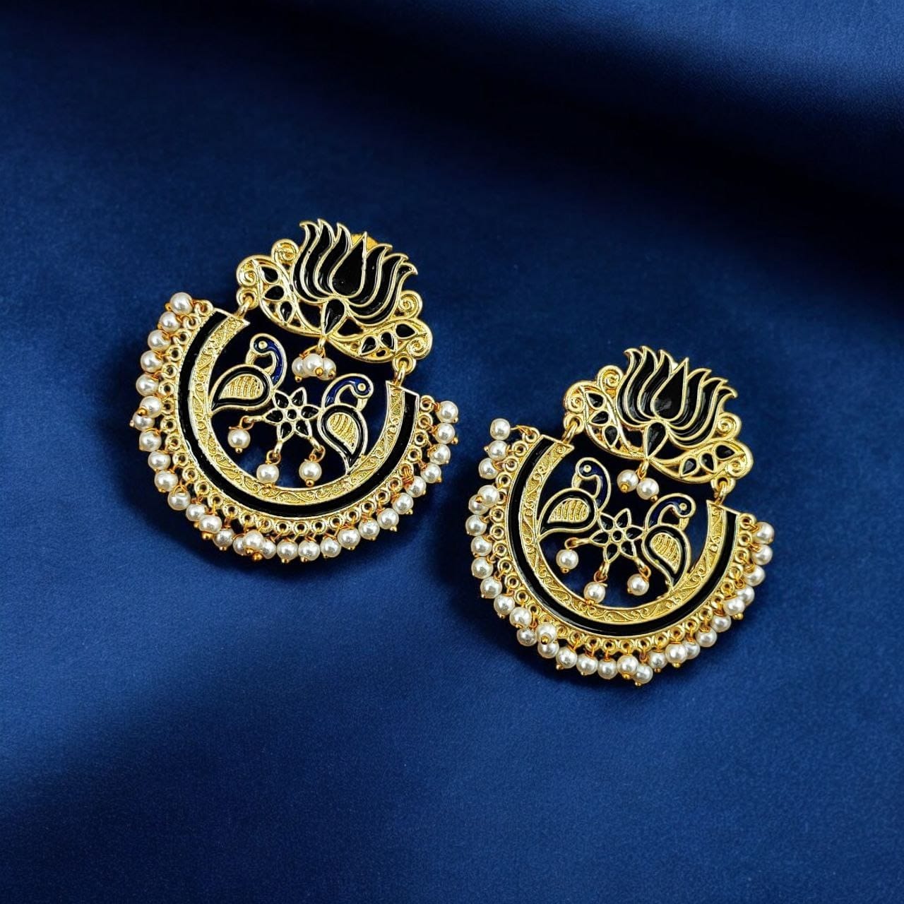 Elegant Gold Plated Earrings with Meenakari: Contemporary Lotus and Peacock Design