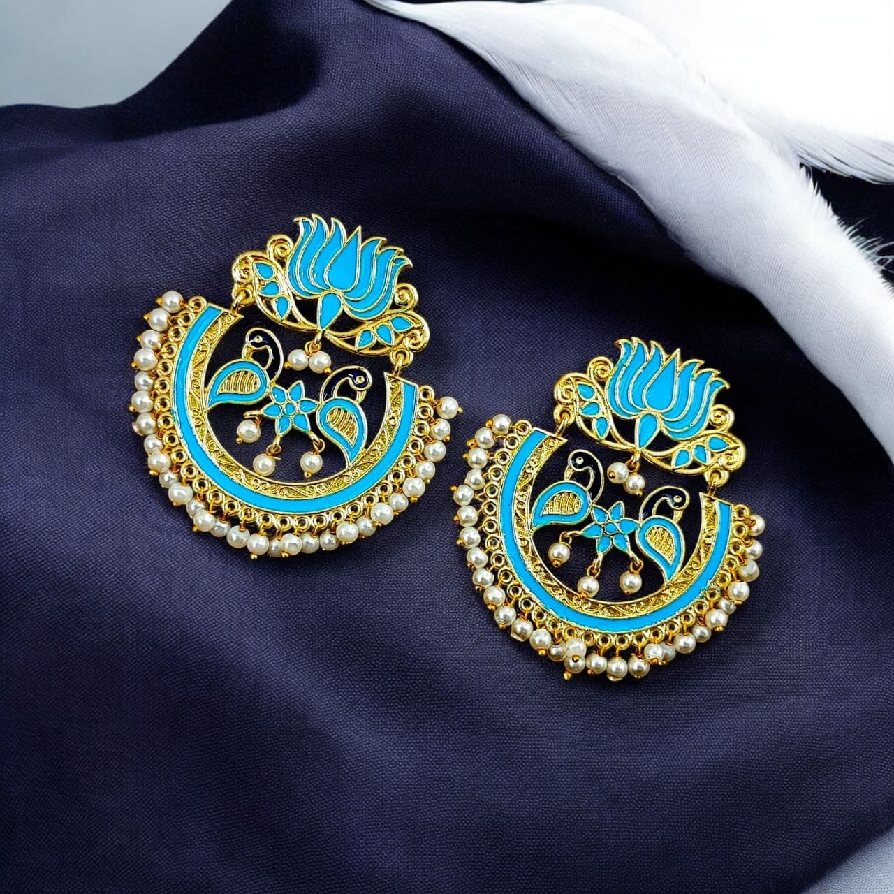 Elegant Gold Plated Earrings with Meenakari: Contemporary Lotus and Peacock Design