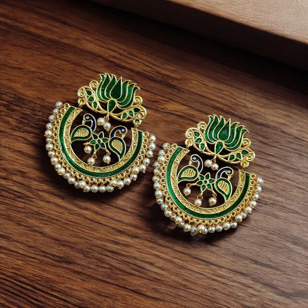 Elegant Gold Plated Earrings with Meenakari: Contemporary Lotus and Peacock Design