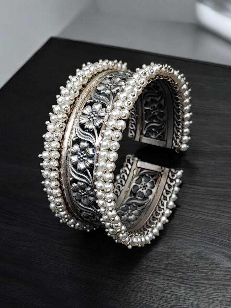 Handmade Silver Touch Cuff Bracelet | Best Pearl Beads Traditional Bangles / Kada