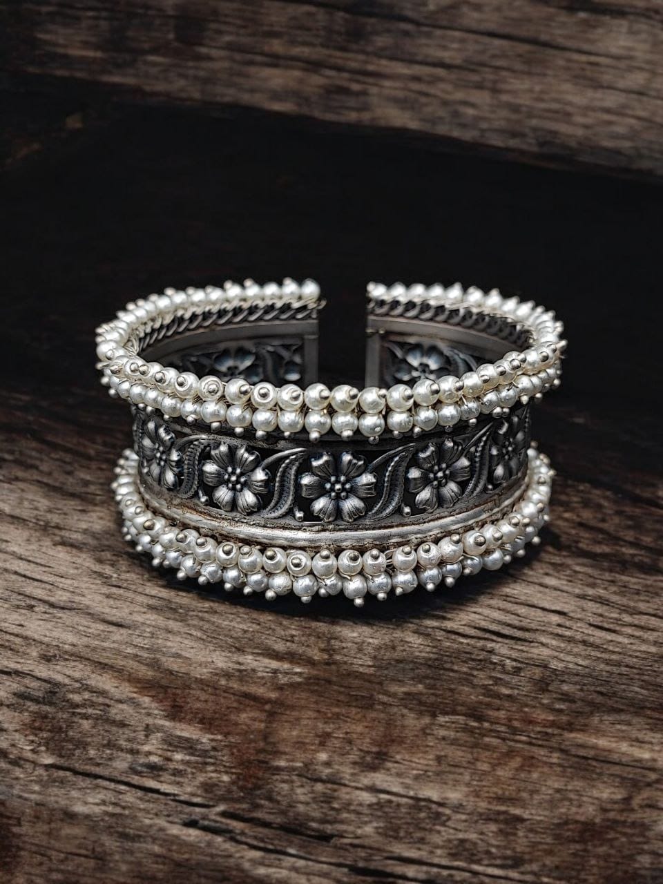 Handmade Silver Touch Cuff Bracelet | Best Pearl Beads Traditional Bangles / Kada