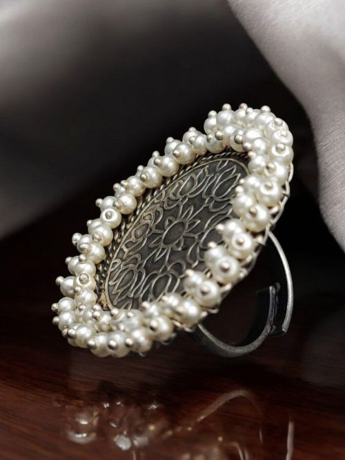 Traditional Silver Replica Ring | Premium Quality Oxidised Pearls Beads Adjustable Rings
