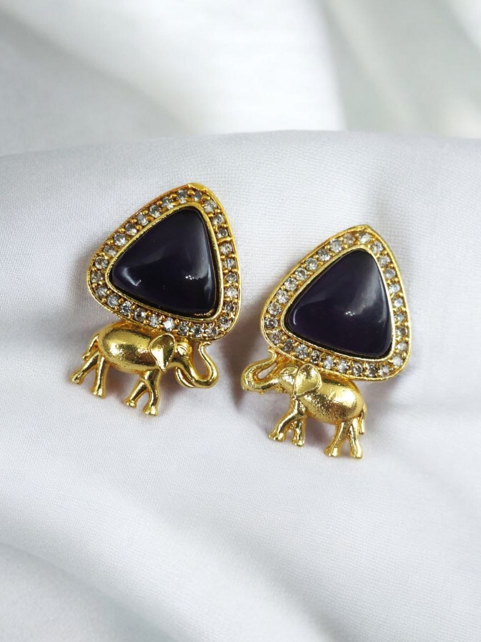 Contemporary AD Earrings | Best Gold-Plated Elephant Design Stud Stone Earrings