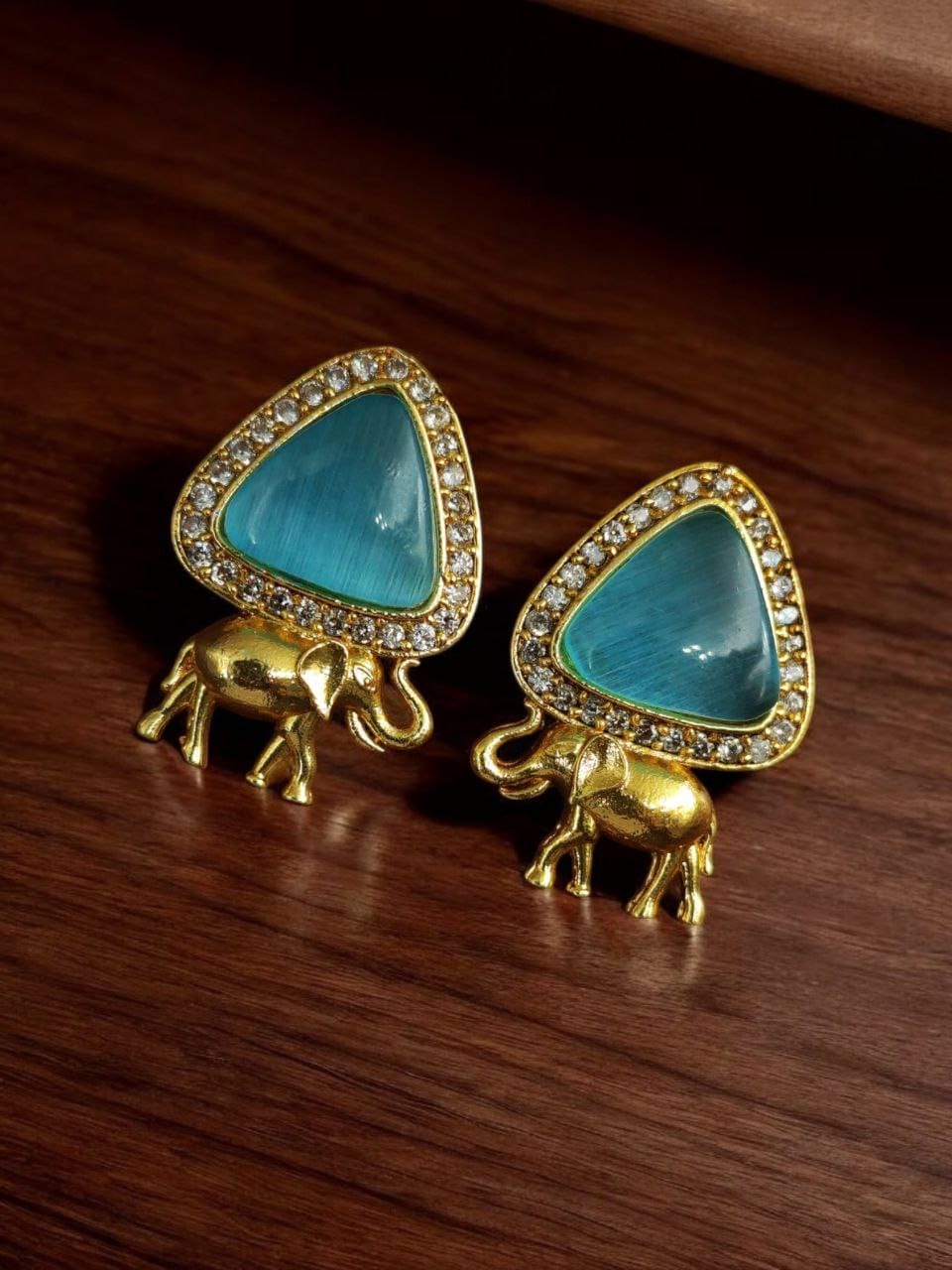 Contemporary AD Earrings | Best Gold-Plated Elephant Design Stud Stone Earrings