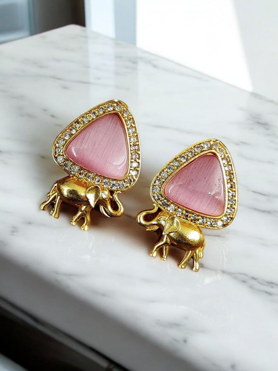 Contemporary AD Earrings | Best Gold-Plated Elephant Design Stud Stone Earrings
