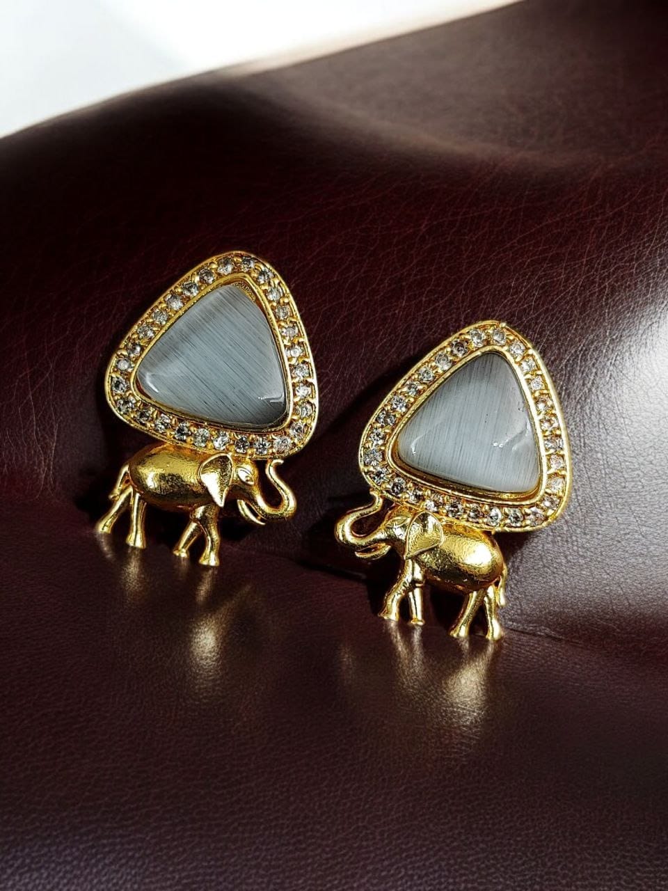 Contemporary AD Earrings | Best Gold-Plated Elephant Design Stud Stone Earrings