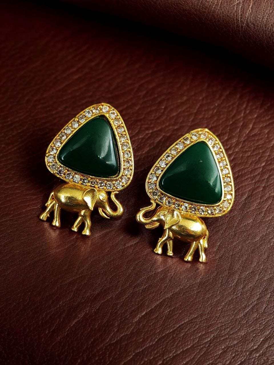 Contemporary AD Earrings | Best Gold-Plated Elephant Design Stud Stone Earrings